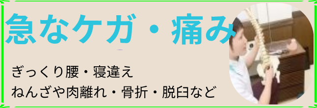 急なケガや痛み・捻挫・肉離れ・骨折脱臼・ぎっくり腰・寝違え